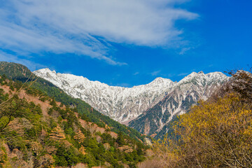 Beautiful mountains of Kamikochi National Park glowing in the morning sunlight during autumn in Nagano, Japan.
