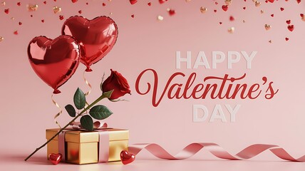 Happy valentines day greeting with heart balloons and roses on pink background