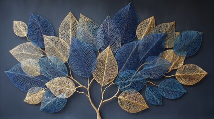 Blue and gold metallic leaf sculpture on dark background leaves