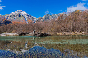 Beautiful mountain in autumn leaf and Azusa river in Kamikochi National Park ,Nagano, Japan.