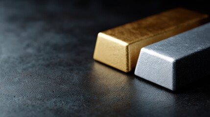 precious metals investment concept, gold bars on the left contrasting silver bars on the right, elegant financial visual, realistic commercial style