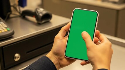 Close up of person holding a smartphone with a green screen in a retail checkout counter environment with barcode scanner and cash drawer in background with - Powered by Adobe