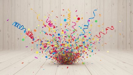 Colorful confetti and ribbons exploding from a basket on a white wooden floor against a light wooden wall background