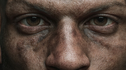 Fototapeta premium Male face closeup tired eye textured skin facial detail dramatic portrait rough complexion emotional expression grunge style macro view realism