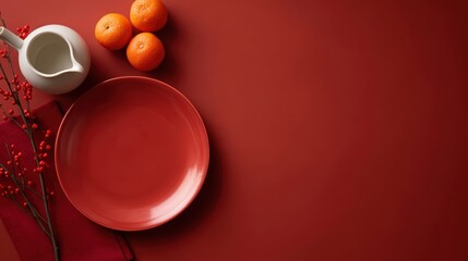 Tet tea table scene with empty product display space, red plate of tangerines, red envelopes, winterberry branch and teapot on crimson background, festive Asian New Year concept