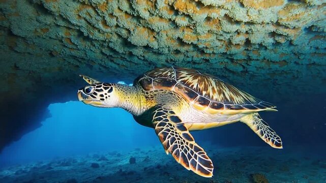 A beautiful green sea turtle swims gracefully beneath a textured underwater cave ceiling, exploring the ocean depths.