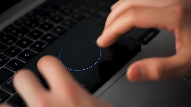 Close-up of hands using a laptop touchpad, with a glowing circular indicator on the touchpad surface