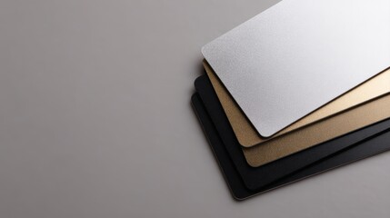 Premium credit card mockup set in white, gold, silver, and black variations, realistic metallic finish with gold chip, gray background, professional financial branding