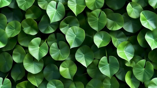 Lush green leaves background, Dense arrangement of green leaves with various shapes and sizes