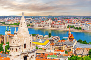 Sunset aerial view from above on Parliament building and the Danube river, Budapest, Hungary .