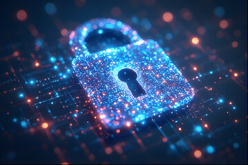 Glowing Digital Padlock on Cyber Security Network Circuit Background