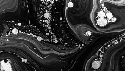 Black and white abstract with swirling patterns, globules, and flowing textures