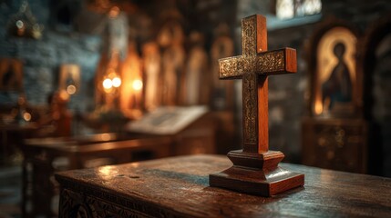 Three-bar Orthodox cross in a warm, reverent church interior