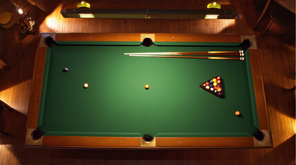 scoreboard. Green pool table under warm lighting with cues and scoreboard arranged neatly. event key visuals, club posters, designed for sports event promotions and stadium branding.