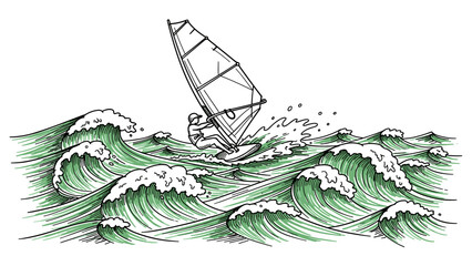 Dynamic windsurfing adventure on vibrant ocean waves in line art style