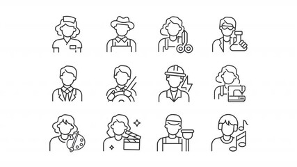 Different jobs line animation set. Workers animated icons. Modern careers, human resources. Personal hobbies. Corporate employees. Outline elements on white background. HD video with alpha channel