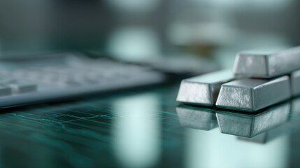 Professional investor tracking silver market trends, silver bars and calculator on a glass table, glowing green financial data, realistic 3D render style