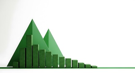Green bar chart graph showing a downward trend with geometric mountain shapes in the background, isolated on white background