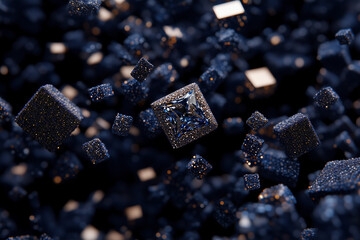 Abstract 3D render of floating dark blue textured cubes with glowing gold particles and a central luxury blue diamond crystal element in a deep cinematic dark space.