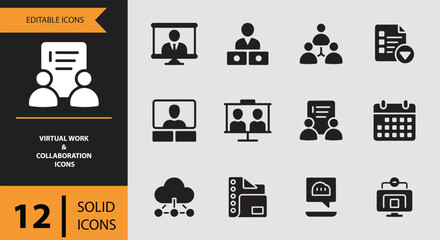 Modern virtual work and collaboration solid icons set for digital communication platforms