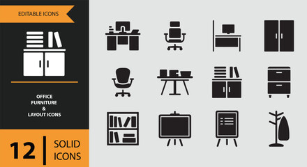 Modern office furniture and layout solid icon set for business and workspace design