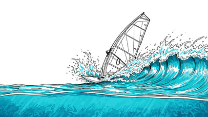 Dynamic windsurfing adventure on turbulent waves with splashing waters