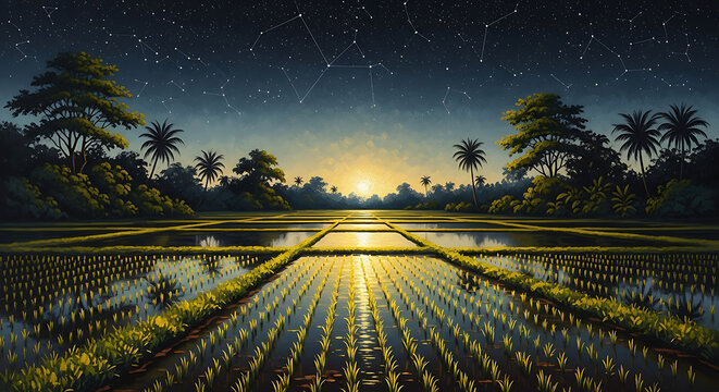 A serene rice paddy field at sunrise, with rows of young rice plants reflecting the golden light under a starry night sky transitioning to dawn.