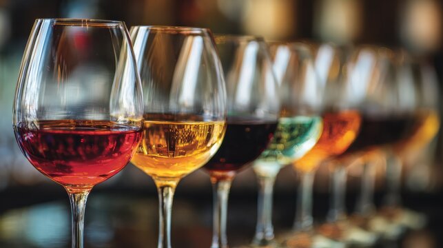 Assorted wine glasses filled with various types of wine lined up on a table in a cozy setting
