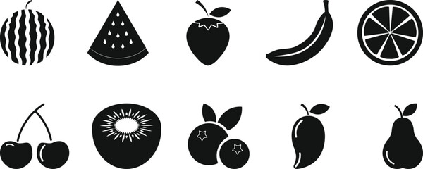 Fruit Assortment Silhouettes A collection of fruit illustrations, each a sleek, black silhouette, offers a range of nature's flavors, including slices of watermelon, a juicy strawberry.