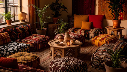 Afrobohemian Home Decor Featuring Vibrant Textiles and Lush Greenery in a Cozy Living Room Setting with Comfortable Seating and Unique Decorative Elements