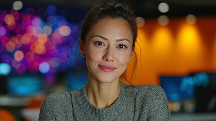 Young Woman with Warm Smile in Modern Office Environment Background