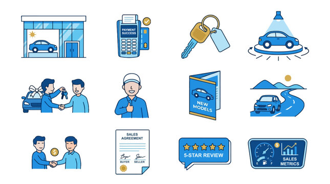 Car dealership sales and customer service icons in blue