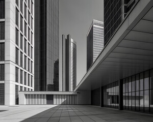 Fototapeta premium Modern cityscape with sleek high rise office buildings and clean architectural lines.