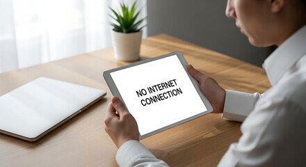 A person holding a tablet displaying a 'NO INTERNET CONNECTION' message, symbolizing digital disconnection.