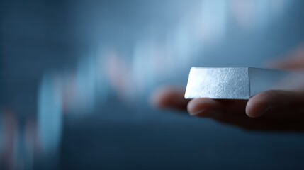 Close up of hand holding a silver bullion, blurred stock market data background, high-end financial trading concept, clean vector art