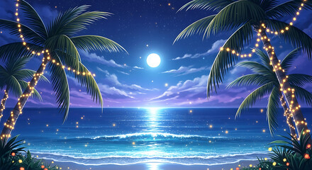 A serene tropical beach scene at night, illuminated by a full moon and decorative string lights on palm trees, with gentle waves lapping the shore.