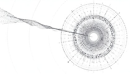 Circular diagram with a central core, complex data points, and a flowing line