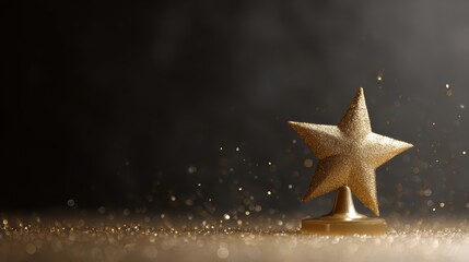 shiny golden star trophy on luminous base, surrounded by soft sparkles and glowing particles, achievement and festive concept