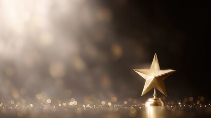 golden star trophy floating above shiny base, surrounded by glowing lights and shimmering particles, celebration and achievement concept