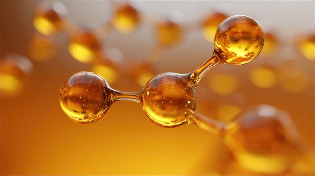 Abstract Golden Molecule Structure: 3D Illustration of Oil, Serum or Chemical Element