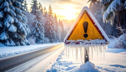 Ice Warning on Winter Road.