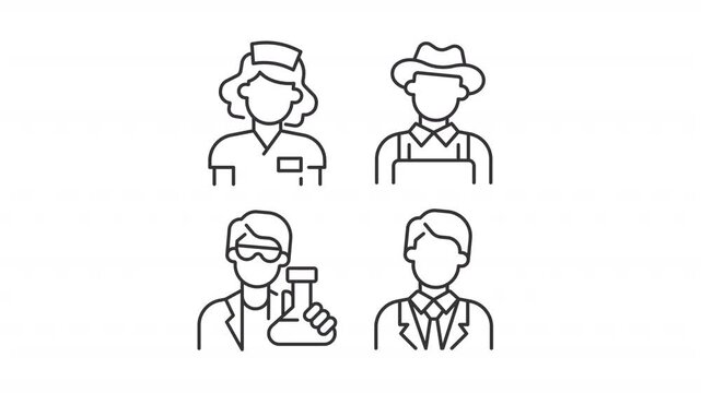 Different professions line animation set. Careers animated icons. Healthcare workers, farming workforce. Laboratory research. Outline elements on white background. HD video with alpha channel