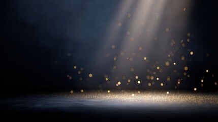 empty stage at night with golden confetti rain and spotlight, mockup with copy space for festive events, awards, or product display