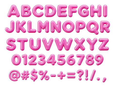 Pink 3D bubble alphabet letters numbers and symbols set isolated on transparent puffy glossy balloon style font for graphic design projects