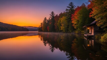 Serene lake cabin at dawn with vibrant autumn foliage