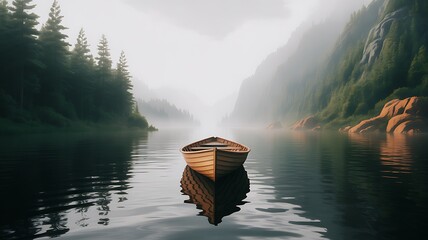 Lone Wooden Rowboat on a Serene Misty Lake with Pine Forests and Rocky Outcrops wooden boat water
