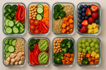 Eight glass meal prep containers filled with balanced, colorful, healthy food including proteins, grains, fresh vegetables, and fruit for easy weekly planning