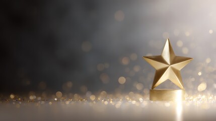 shiny golden star trophy on luminous base, surrounded by soft sparkles and glowing particles, achievement and festive concept