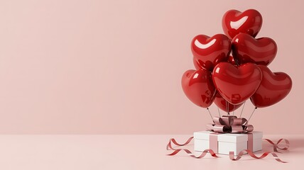 A cluster of shiny red heart shaped balloons tied to a gift box with ribbons on pink background