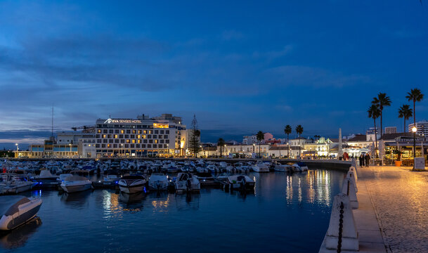 Faro, doca do Faro marina port at sunset in Algarve, Portugal